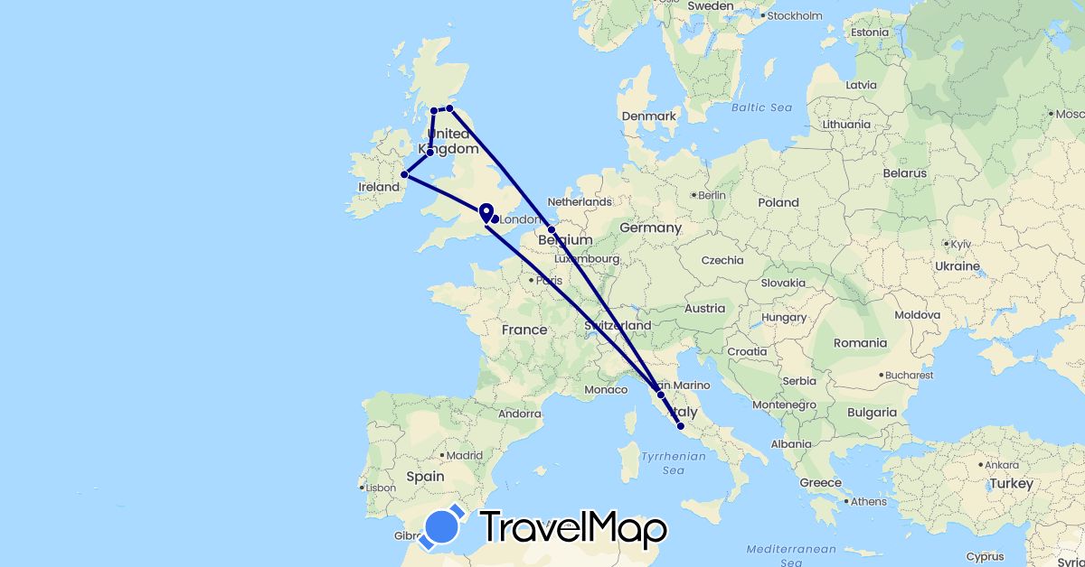 TravelMap itinerary: driving in Belgium, United Kingdom, Ireland, Isle of Man, Italy (Europe)