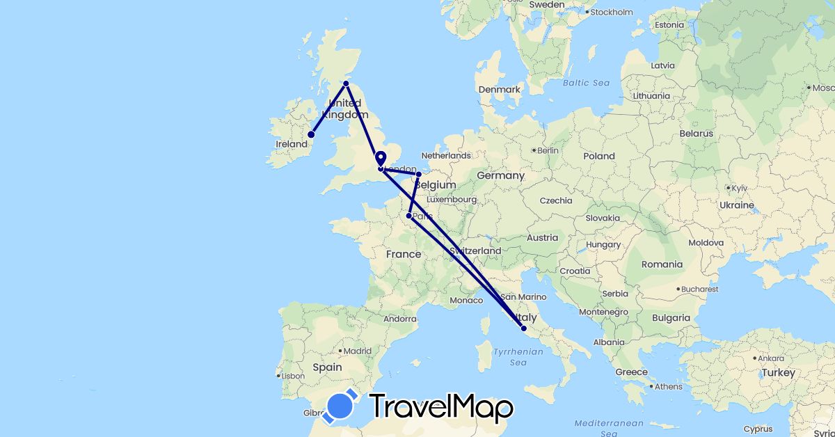 TravelMap itinerary: driving in Belgium, France, United Kingdom, Ireland, Italy (Europe)